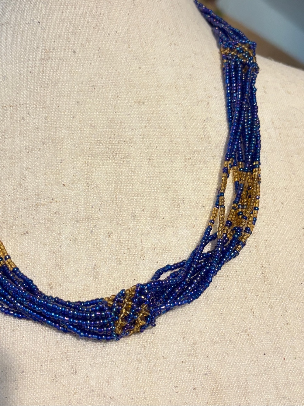 Vintage Cobalt Blue Gold Multi Strand Seed Bead Necklace Boho Statement Woven - Picture 3 of 10